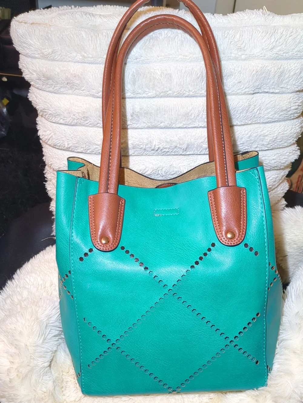 Louenhide Turquoise Leather Tote with Brown Handles NOW ONLY $45